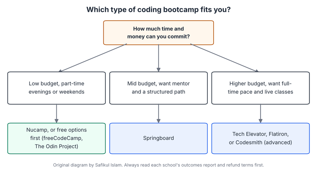 Decision flow chart choosing a coding bootcamp by budget and time commitment.