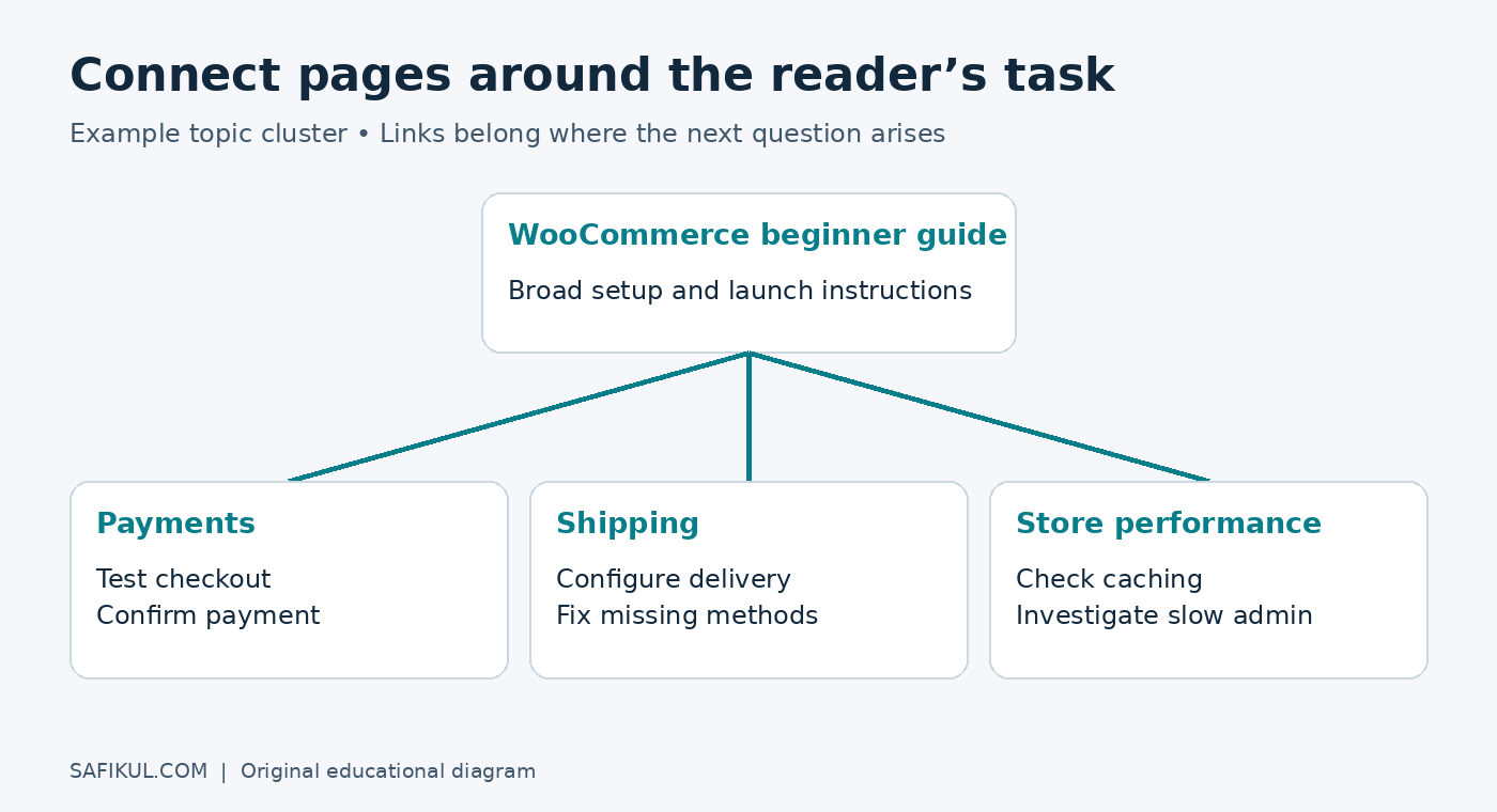 Example topic cluster connecting a WooCommerce guide with payments, shipping and performance resources