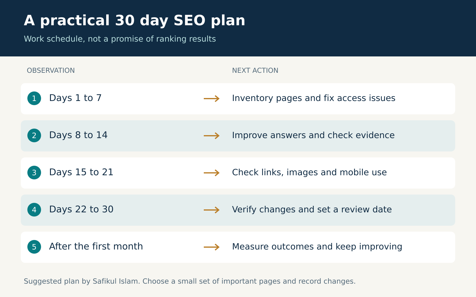 SEO work plan covering access, content, links, mobile checks and measurement.